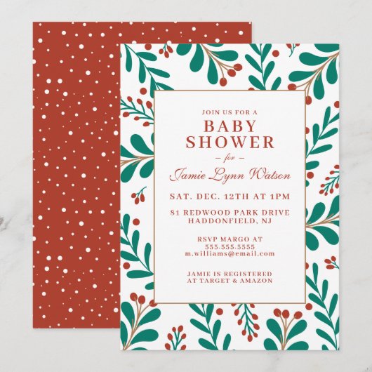 Invitation Baby shower | Christmas Mistletoe & Holly (Devant / Derrière)