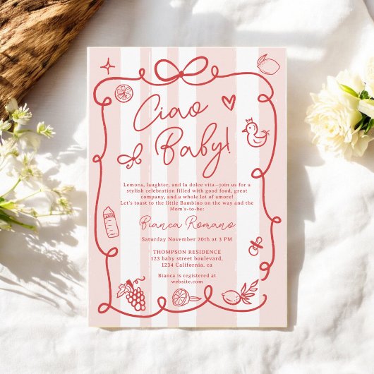 Invitation Baby shower Ciao À Thème Italien Retro Rose