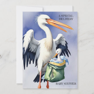 Invitation BABY SHOWER. cigogne avec un sac.