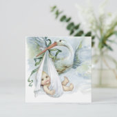 Invitation Baby-Shower cigogne bleu et vert (Debout devant)