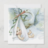 Invitation Baby-Shower cigogne bleu et vert (Devant)