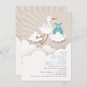 Invitation Baby shower cigogne + nuages - Bleu (Devant / Derrière)