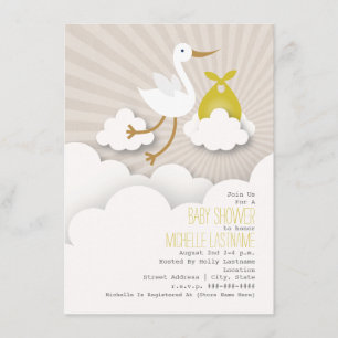 Invitation Baby shower cigogne + nuages - Jaune