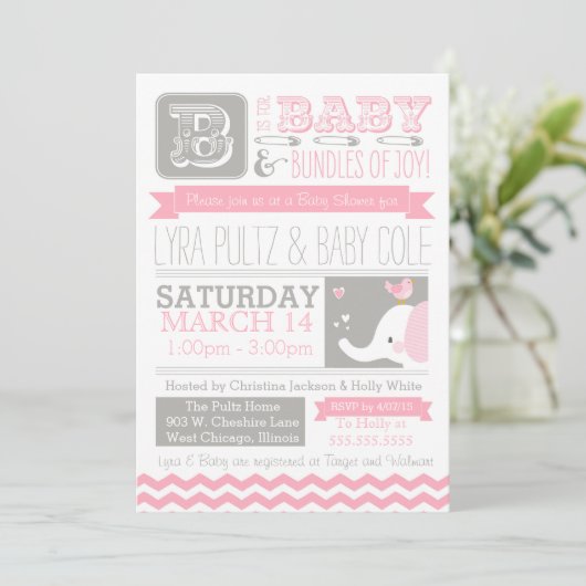 Invitation baby shower - Circus Elephant & Chevron (Debout devant)