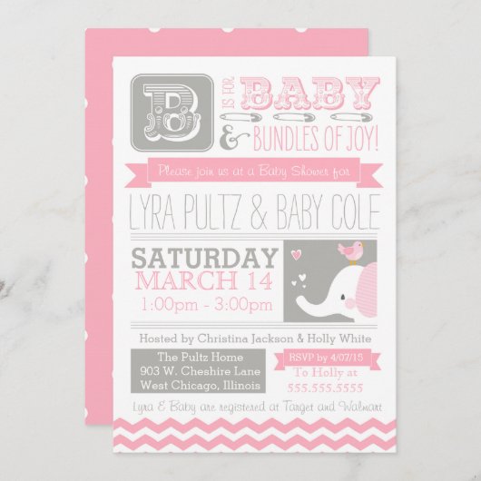 Invitation baby shower - Circus Elephant & Chevron (Devant / Derrière)