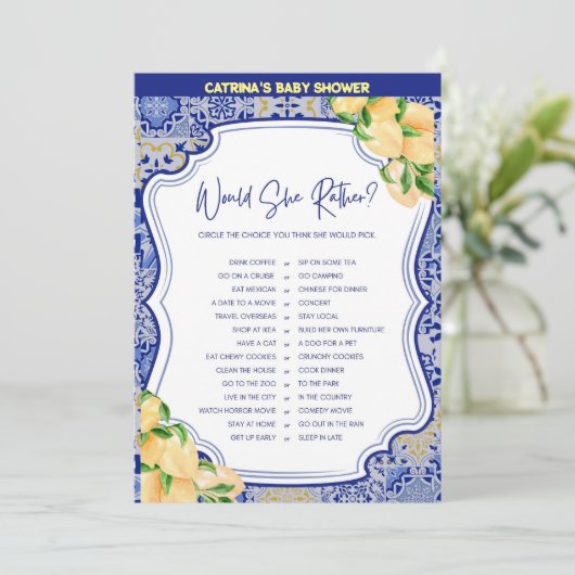 Invitation Baby shower Citron Carreaux Bleus - Nom modifiable (Debout devant)