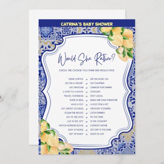 Invitation Baby shower Citron Carreaux Bleus - Nom modifiable (Devant / Derrière)