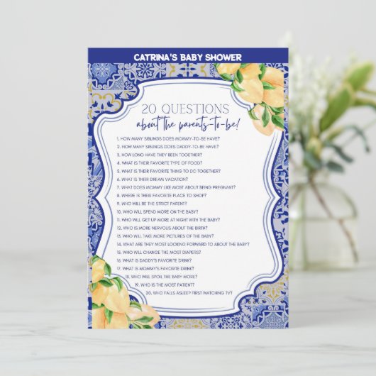 Invitation Baby shower Citron Carreaux Bleus - Nom modifiable (Debout devant)