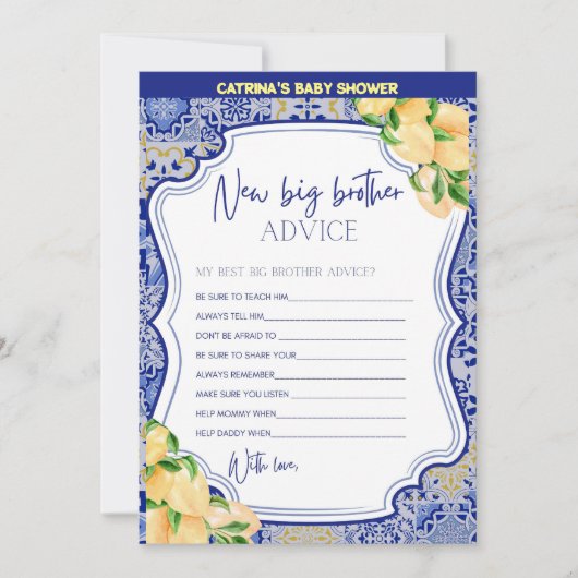 Invitation Baby shower Citron Carreaux Bleus - Nom modifiable (Devant)