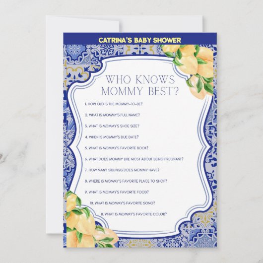 Invitation Baby shower Citron Carreaux Bleus - Nom modifiable (Devant)