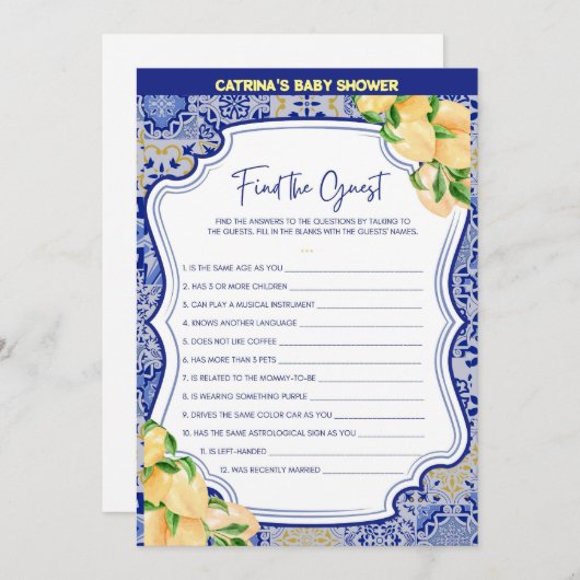 Invitation Baby shower Citron Carreaux Bleus - Nom modifiable (Devant / Derrière)