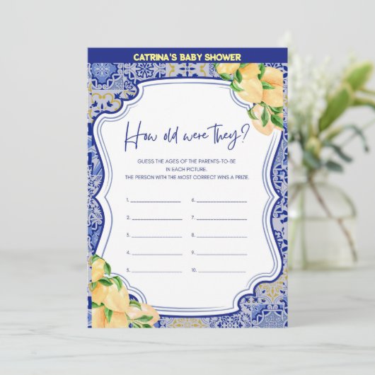 Invitation Baby shower Citron Carreaux Bleus - Nom modifiable (Debout devant)