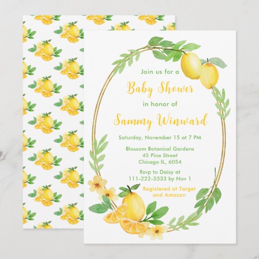 Invitation Baby Shower Citrons et Feuillage (Devant / Derrière)