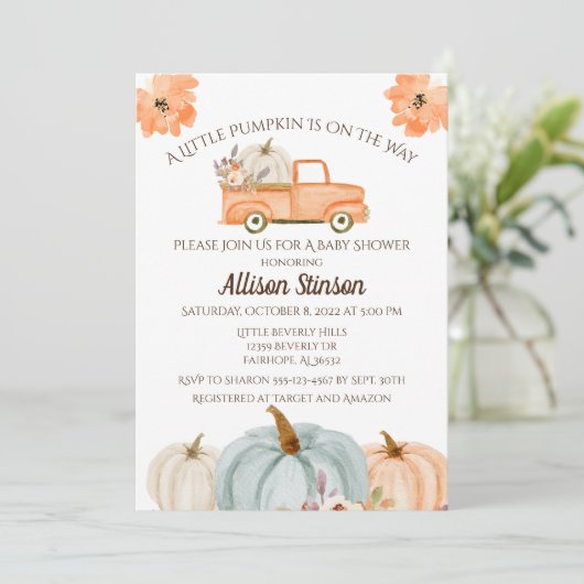 Invitation Baby shower citrouille (Debout devant)