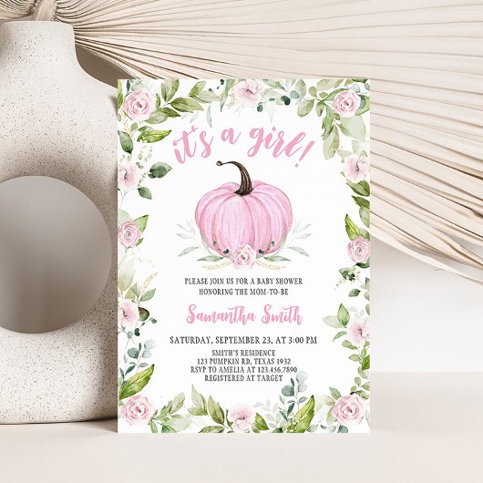 Invitation Baby shower Citrouille à automne rose