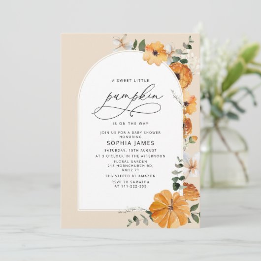 Invitation baby shower citrouille bébé (Debout devant)