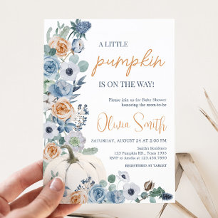 Invitation Baby shower Citrouille blanc bleu foncé