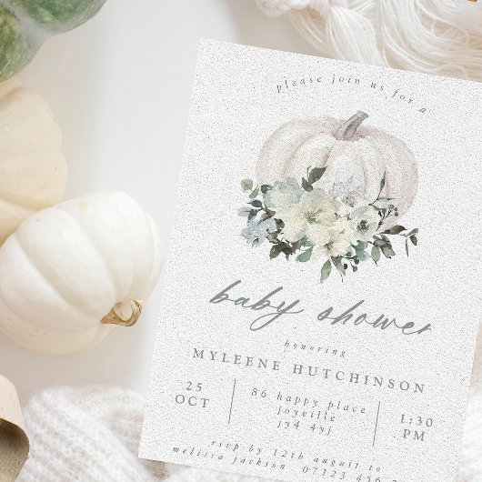 Invitation Baby shower Citrouille blanc et fleurs