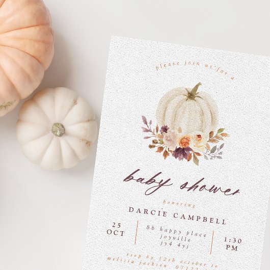 Invitation Baby shower Citrouille blanc et fleurs d'automne