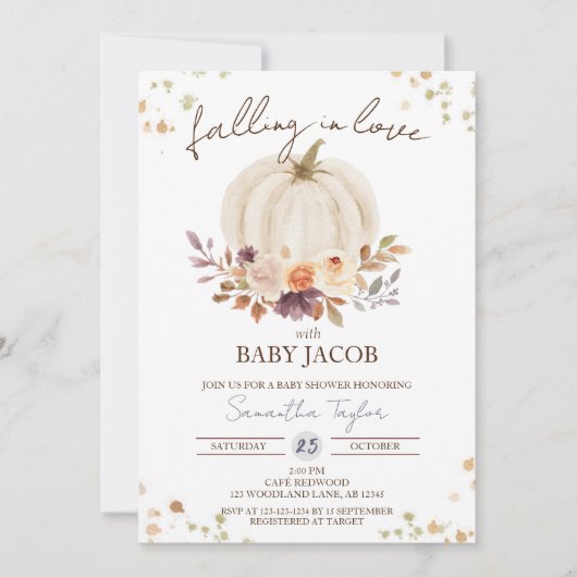 Invitation Baby shower Citrouille blanc, tombé dans l'amour (Devant)