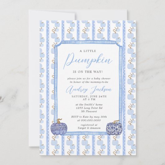 Invitation Baby shower Citrouille bleu automne (Devant)