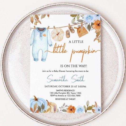 Invitation Baby shower Citrouille bleu automne