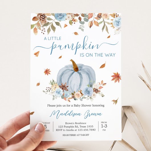 Invitation Baby shower Citrouille bleu automne