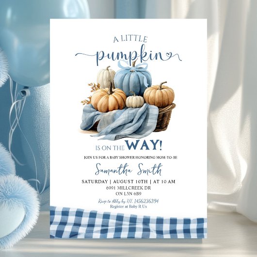 Invitation Baby shower Citrouille bleu En vichy doux