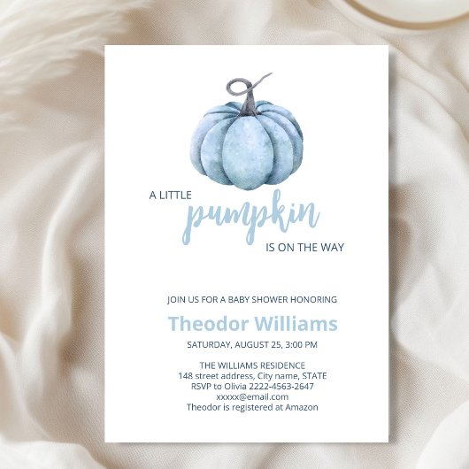 Invitation Baby shower Citrouille bleu | Thème aut