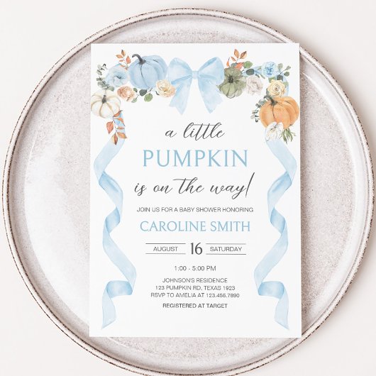 Invitation Baby shower Citrouille Blue Bow