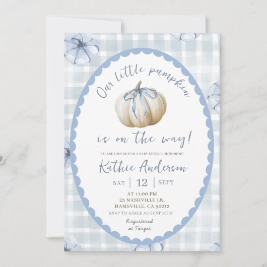 Invitation Baby shower Citrouille Blue Quirky En vichy (Devant)