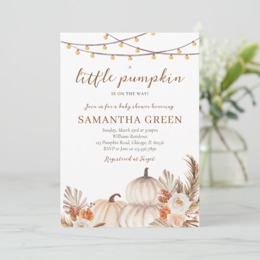 Invitation Baby shower Citrouille Boho (Debout devant)