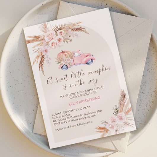 Invitation Baby shower Citrouille Boho Pink Floral Arch