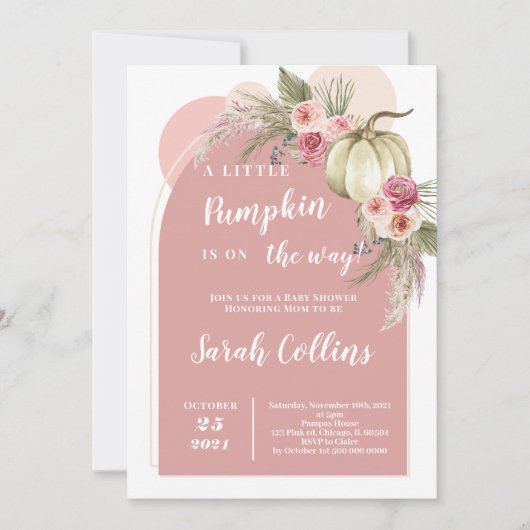 Invitation Baby shower Citrouille Boho rose (Devant)