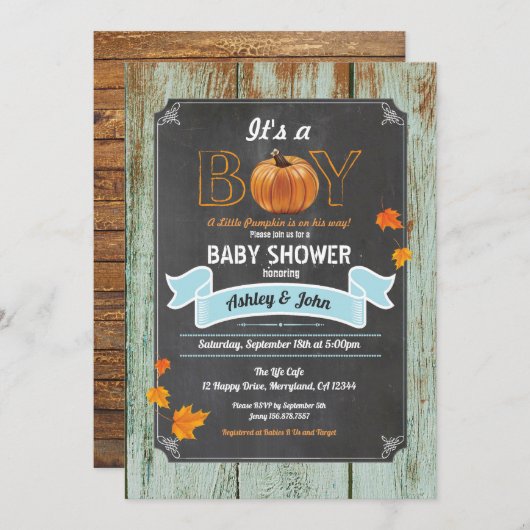 Invitation baby shower citrouille bois rustique (Devant / Derrière)