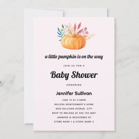 Invitation Baby shower Citrouille d'aquarelle orange (Devant)