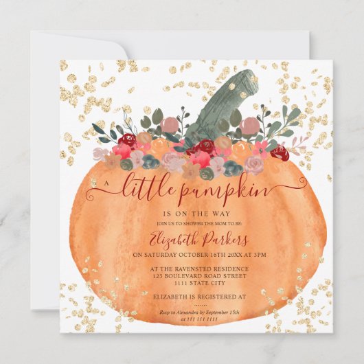 Invitation Baby shower citrouille d'aquarelle parties scintil (Devant)