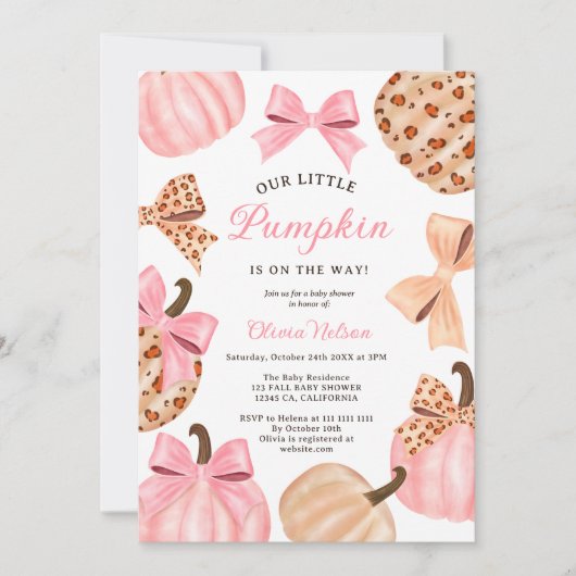 Invitation Baby shower Citrouille de Bow Leopard Fall mignon  (Devant)