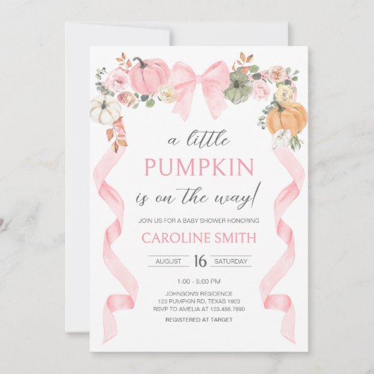 Invitation Baby shower Citrouille de Bow rose (Devant)