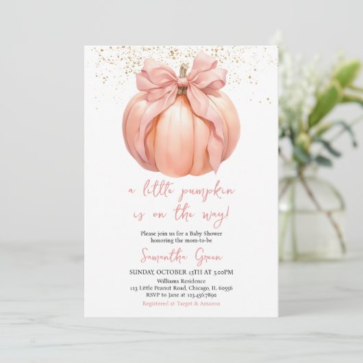 Invitation Baby shower Citrouille de Bow rose (Debout devant)