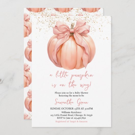 Invitation Baby shower Citrouille de Bow rose (Devant / Derrière)