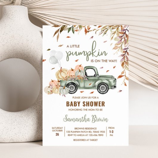 Invitation Baby shower Citrouille de camion vert