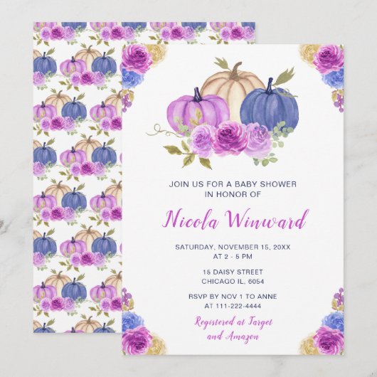 Invitation Baby shower Citrouille de couleur violet et bleu m (Devant / Derrière)
