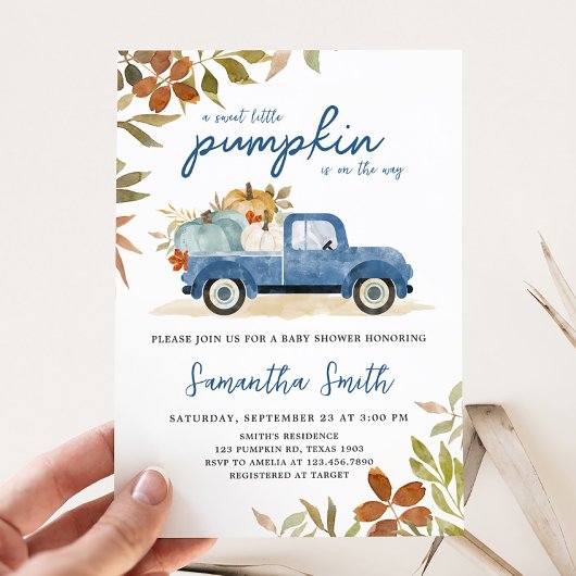 Invitation Baby shower Citrouille de la chute du camion bleu