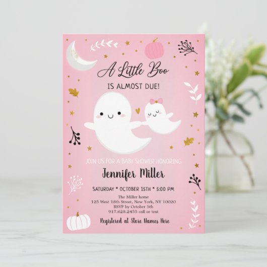Invitation Baby shower Citrouille de Little Boo Pink Gold Gho (Debout devant)