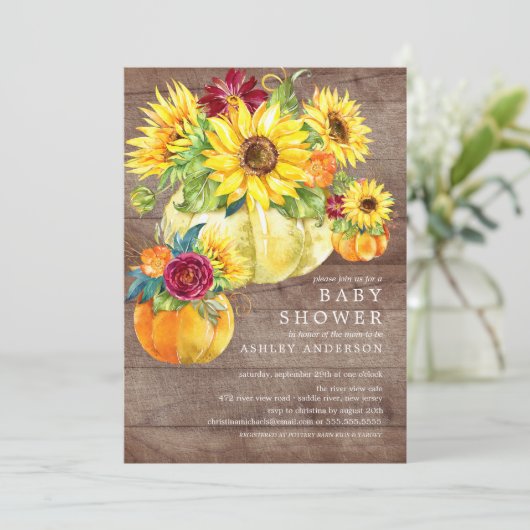 Invitation Baby shower Citrouille de tournesol rustique d'aut (Debout devant)