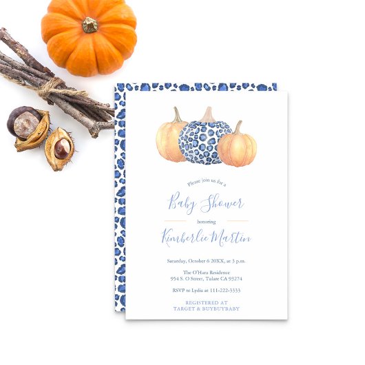 Invitation Baby shower Citrouille Empreinte de léopard Bleu E