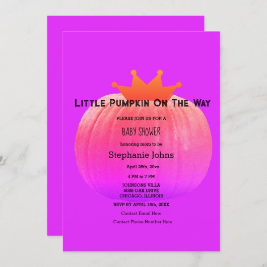 Invitation Baby shower citrouille filles rose violet code QR (Devant / Derrière)