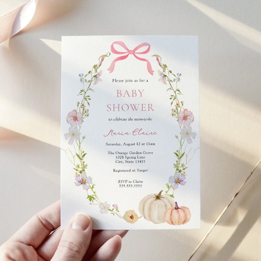 Invitation Baby shower Citrouille fleur sauvage de Bow rose