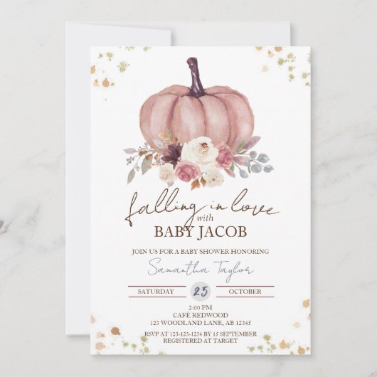 Invitation Baby shower Citrouille Floral, Automne Rustique, A (Devant)
